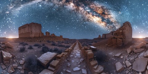 Exploring ancient ruins through augmented reality at night, witnessing historical reconstructions under the starlight. - obrazy, fototapety, plakaty