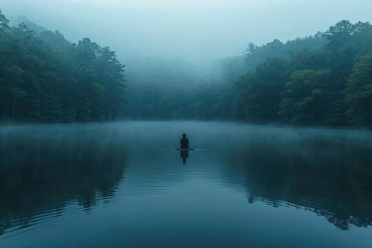 A person is sitting on a raft in a lake