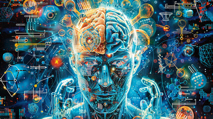human robot, artificial intelligence, business intelligence, scientific symbols and laboratory equipment, neural networks, science fiction,  technology and anatomy,