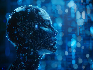Obraz premium human robot, artificial intelligence, business intelligence, scientific symbols and laboratory equipment, neural networks, science fiction, technology and anatomy,
