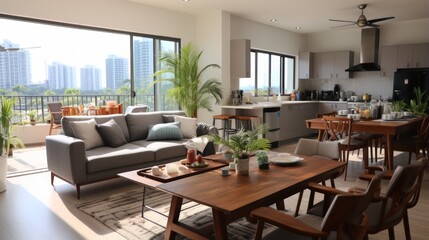 An open-concept living space with a modern kitchen, dining area, and living room
