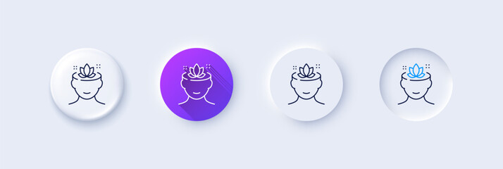 Yoga mind line icon. Neumorphic, Purple gradient, 3d pin buttons. Meditation lotus sign. Relax body and mind symbol. Line icons. Neumorphic buttons with outline signs. Vector