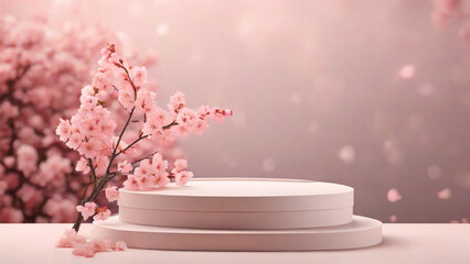 Podium for product presentation with cherry blossom flowers. 3d render