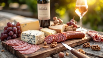 An assortment of cured meats, cheeses and grapes with wine on a wooden board