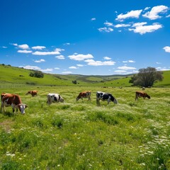 Fototapeta na wymiar Cows grazing on a lush green pasture on a sunny day with blue sky and white clouds