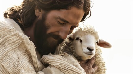 Jesus holding a little lamb in a photorealistic depiction against a white background.
