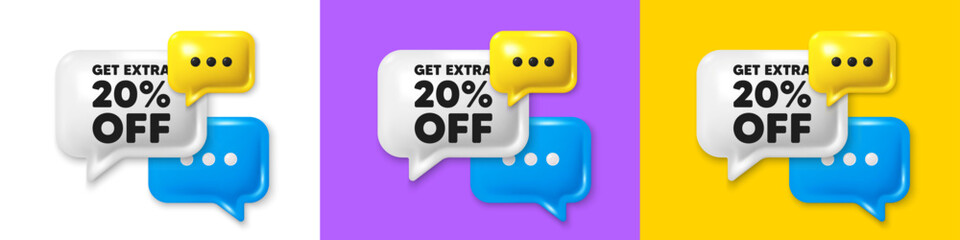 Chat speech bubble 3d icons. Get Extra 20 percent off Sale. Discount offer price sign. Special offer symbol. Save 20 percentages. Extra discount chat text box. Speech bubble banner. Vector