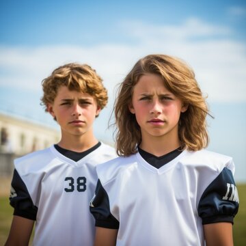 Two young male football players with long blond hair posing together in their uniforms