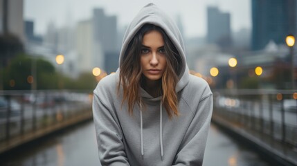 Portrait of a young woman in a gray hoodie looking at the camera with a serious expression
