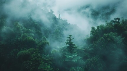 A panoramic view of the misty forest in the morning. Natural background.