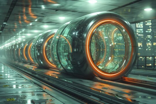 Teleportation stations in central business districts, with sleek, circular designs.