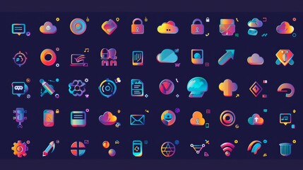 A comprehensive collection of icons representing various aspects of information technology and cloud computing, from cybersecurity to data analytics - obrazy, fototapety, plakaty