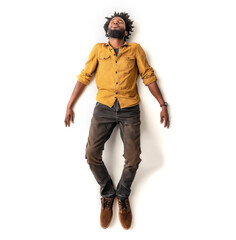 Naklejka premium Black African American Man Sleeping concept. Eyes closed. Laying on the isolated white background. yellow mustard shirt color and jeans. Can also represent Fainted, dead, relaxed, relaxation, drunk.