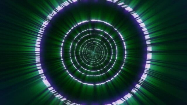 Glowing white circles in tunnel. Motion beautiful animation with green rays in space tunnel. Glowing circles move and create hypnotic effect in tunnel