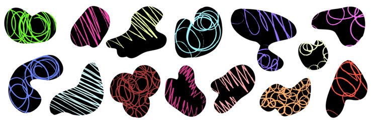 Abstract blob Freeform amoeba shapes set of colored children's texture doodle strokes curls