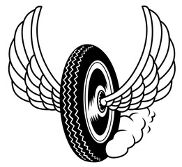 Motorcycle wheel with angel wings. Black and white logo for biker community or motorcycle workshop. Motorcycle Sport. The concept of a thirst for speed, an adrenaline-fueled sport.