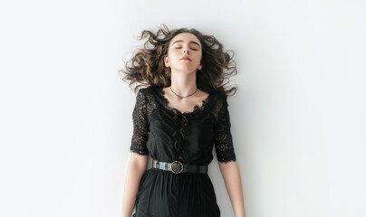 Fototapeta premium Woman Sleeping concept. Black dress. Wavy brunette hair. Black belt. Eyes closed. Laying on the isolated white background. Can also represent Fainted, dead, relaxed, relaxation, drunk.