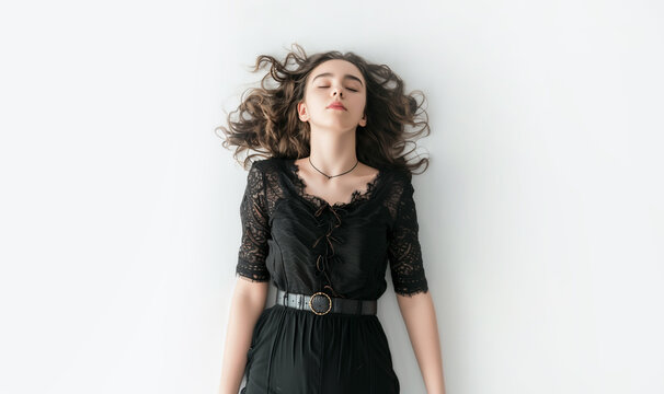 Woman Sleeping concept. Black dress. Wavy brunette hair. Black belt. Eyes closed. Laying on the isolated white background. Can also represent Fainted, dead, relaxed, relaxation, drunk.