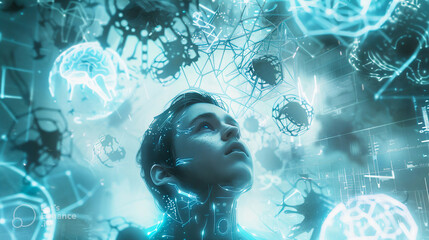 human robot, artificial intelligence, business intelligence, scientific symbols and laboratory equipment, neural networks, science fiction,  technology and anatomy,