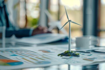 A small wind turbine model is placed over business reports, symbolizing renewable energy investments