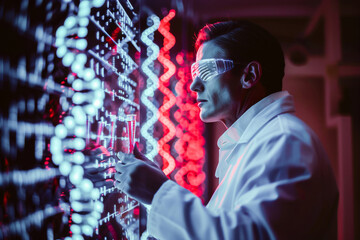 Man in lab coat analyzing data in a high-tech server room with futuristic lighting and advanced technology.