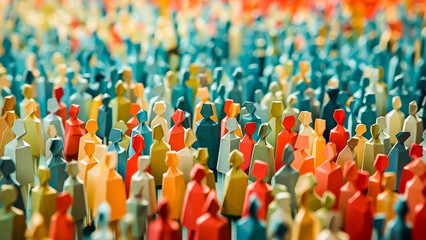 Obraz premium Multiple colorful paper figures forming a vibrant, geometric crowd in an abstract artistic arrangement.