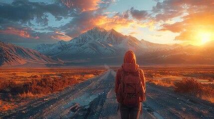A backpacker is standing with beautiful misty mountain in the morning sunrise.