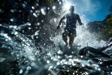 Naklejka premium An adventurous runner bursts through a refreshing stream with water droplets captured in stunning clarity