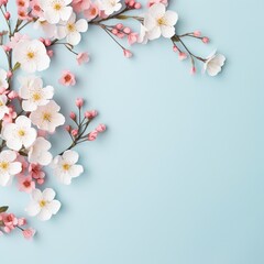 A blue background with white and pink apple flowers - obrazy, fototapety, plakaty