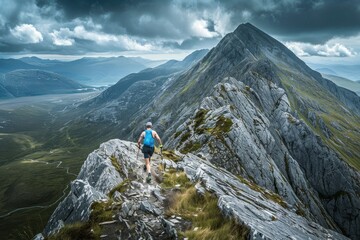 A hiker in blue tackles the steep, rocky terrain of a mountain, showcasing the beauty and challenge of outdoor adventure