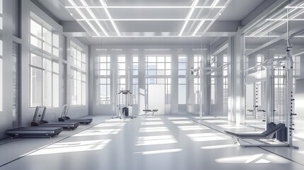 Obraz premium a large gym with small windows, featuring royal grey with white tones, a white floor and ceiling, modern interior, minimalistic design, and prominent doors.