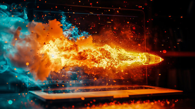 Vivid illustration of an explosion bursting out of a laptop screen, representing cyber attack or data breach.