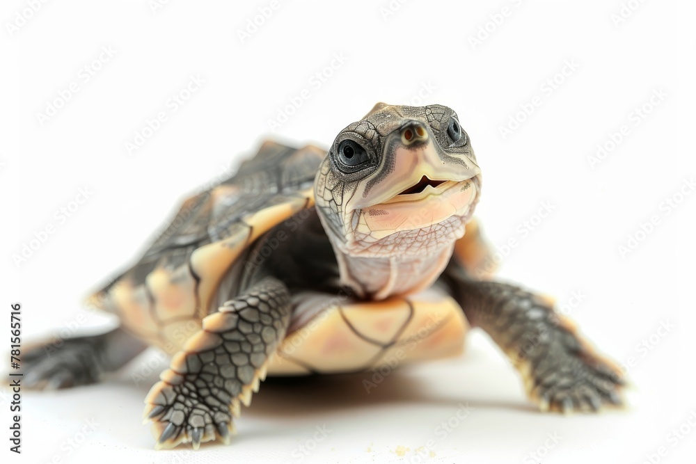 Poster a close-up shot of a small star-patterned tortoise looking curiously forward, showcasing unique wild