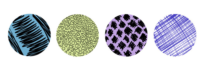 Colored round stickers with various hand-drawn pencil textures. Vector Naive Doodle Patterns