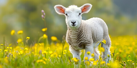 Cute baby lamb in the blooming flower field