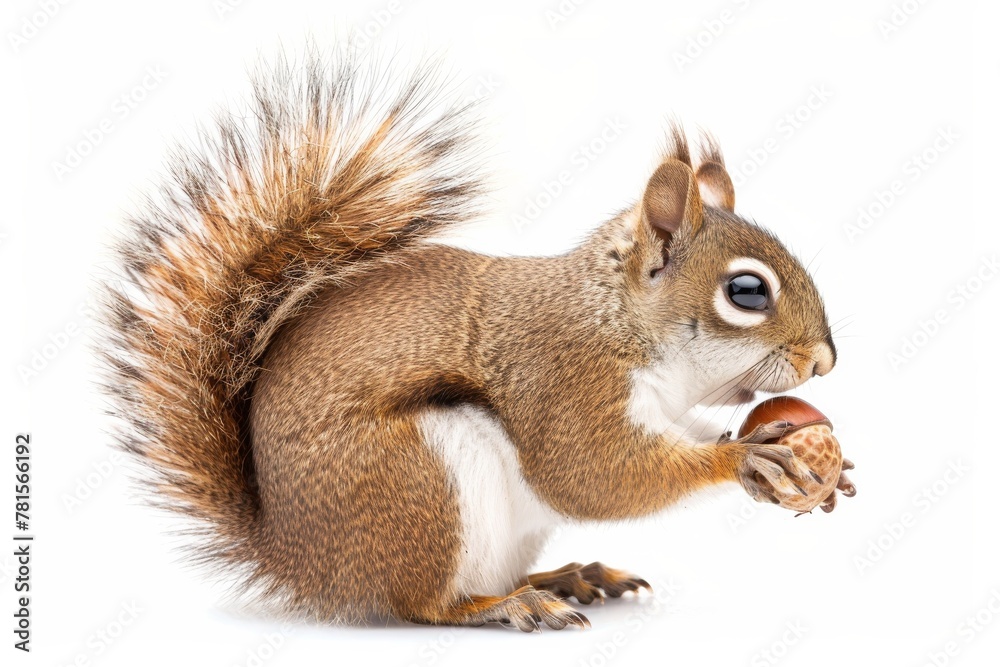 Poster a close-up image showcasing a squirrel in the act of eating a nut, accentuating its detailed fur and