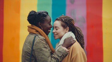 Obraz premium Two women embracing with rainbow background, multicultural couple, affectionate moment, colorful love concept