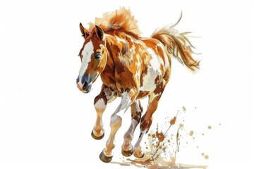 A stunning watercolor artwork presenting a spotted horse trotting, highlighting fluid motion and artistic splatter
