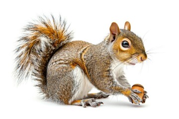 A high-resolution photograph of a cute squirrel clutching a nut, with detailed fur texture and a fluffy tail