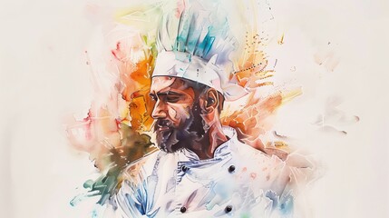 Monochromatic watercolor painting of a chef, blending realism with abstract, captures the essence of culinary arts