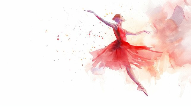 Delicate pose of a ballet dancer illustrated in soft watercolor tones and splashes
