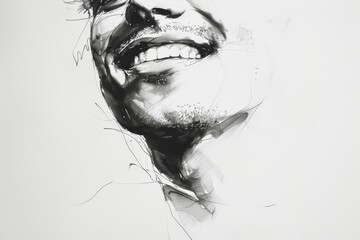 Close-up of a grayscale, hyper-realistic drawing capturing the positive emotions of a smiling man