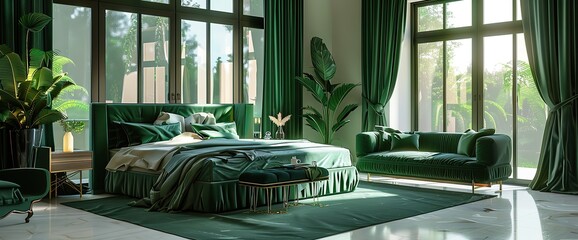 Beautiful bedroom with double bed with green linen, green couch and windows.