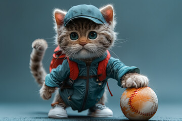 A cat wearing a blue jacket and a baseball cap is holding a baseball. The image has a playful and...