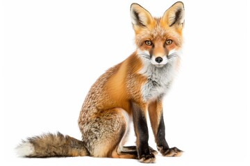 Fototapeta premium The image shows a seated fox with its face hidden, highlighting its vibrant fur and alert posture
