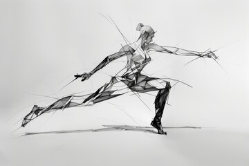 A dynamic black and white abstract sketch capturing the fluid motion of an athlete, combining both energy and artistic elegance