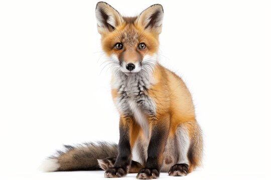 A captivating image showing a red fox sitting attentively against a pure white backdrop, its vibrant fur and sharp gaze are remarkable