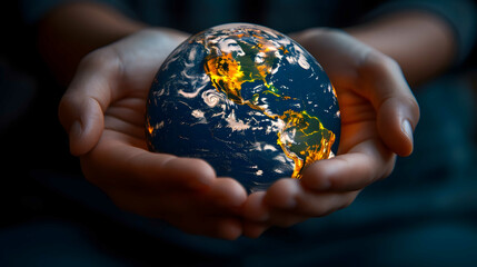 Human hands hold a globe, model of planet earth. Caring for the environment, combating global...