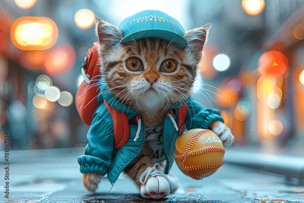 Wall mural A cat wearing a blue jacket and a baseball cap is holding a baseball. The image has a playful and lighthearted mood, as the cat is dressed up in a human-like outfit and holding a sports ball