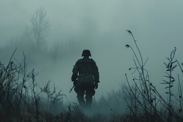 Soldier in military gear walking into fog - obrazy, fototapety, plakaty